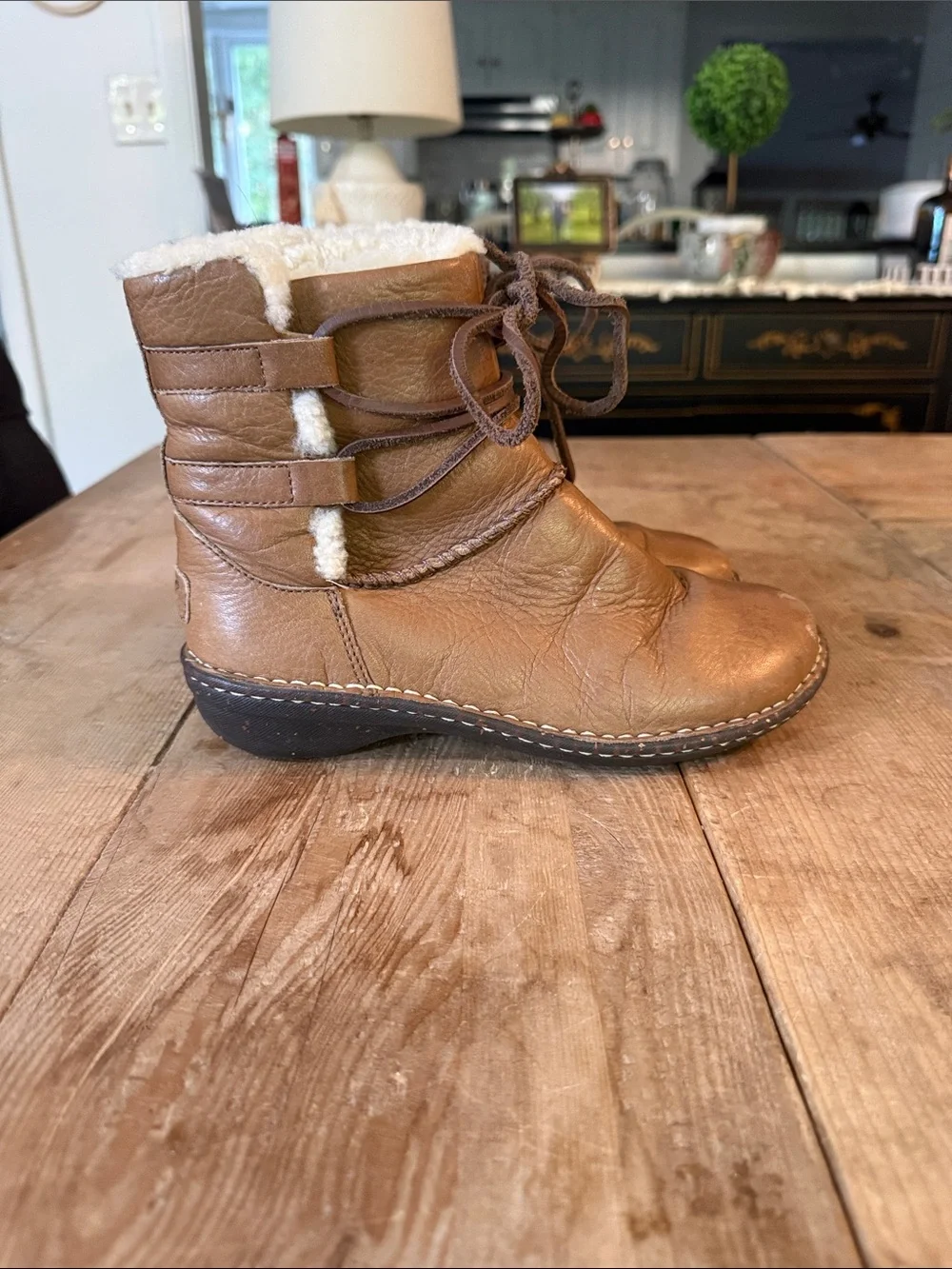 UGG Brown Leather Shearling Lace-Up Ankle Booties